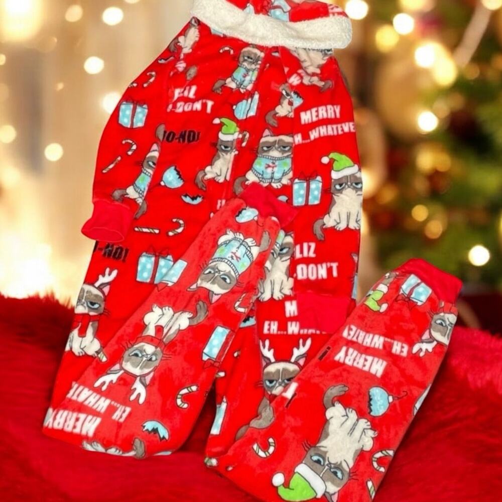 Grumpy Cat Pajamas Women Small 4-6 Christmas One Piece Hooded Fleece Loungewear